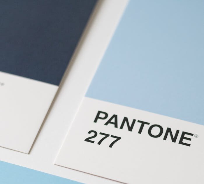 Bright and detailed close-up of Pantone 277 color swatches showcasing shades of blue.